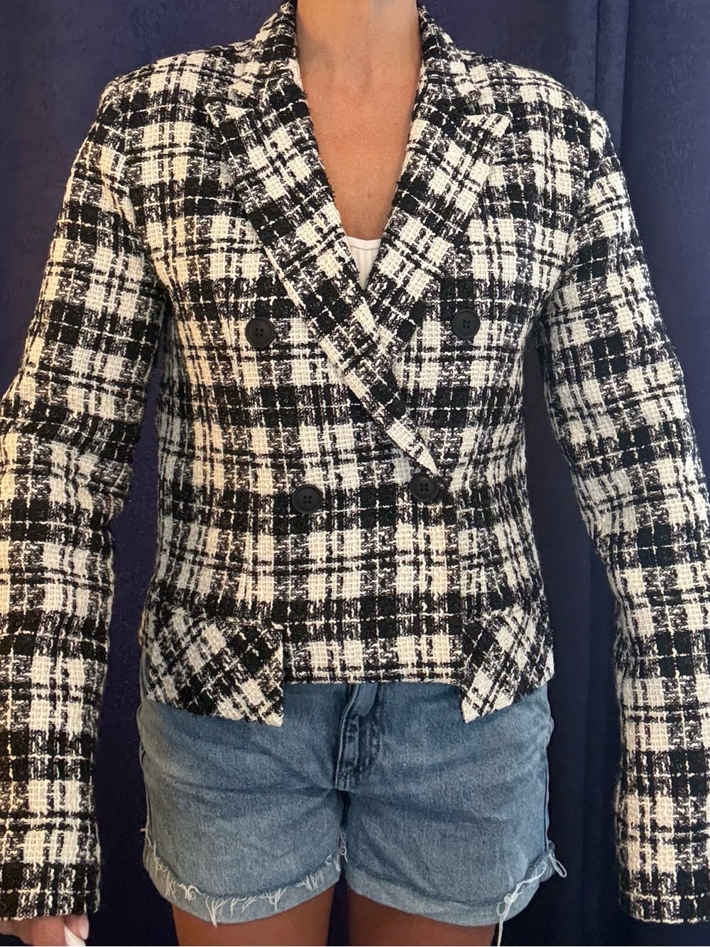 ORTTU Black White Tweed Double-Breasted Blazer Jacket XS